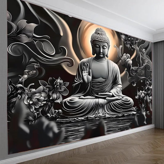 FENDROM Meditation Tapestry,Black Lotus Spiritual Gloden Buddha Zen Happiness Wall Hanging Large Psychedelic Tapestries Decorations Bedroom Living Room Dorm