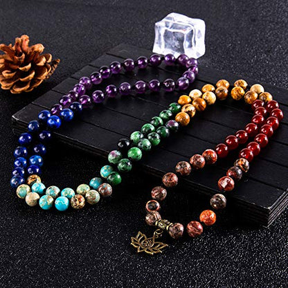 Bivei 7 Chakra 108 Mala Beads Bracelet Real Gemstone Yoga Meditation Hand Knotted Mala Prayer Bead Necklace - size: 8mm, style: # Lotus OM - 7 Chakras