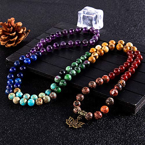 Bivei 7 Chakra 108 Mala Beads Bracelet Real Gemstone Yoga Meditation Hand Knotted Mala Prayer Bead Necklace - size: 8mm, style: # Lotus OM - 7 Chakras