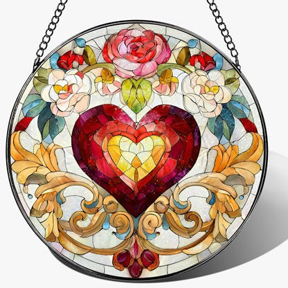Stained Glass Window Hanging, 8 in Valentine Heart Sun Catcher, Stained Glass Suncatcher, Gift for Wife, Gift for Girlfriend, Mother's Day, Christmas, Birthday, Valentine's Day Gifts for Couple, Her - color: Heart Flower