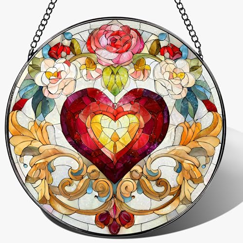 Stained Glass Window Hanging, 8 in Valentine Heart Sun Catcher, Stained Glass Suncatcher, Gift for Wife, Gift for Girlfriend, Mother's Day, Christmas, Birthday, Valentine's Day Gifts for Couple, Her - color: Heart Flower