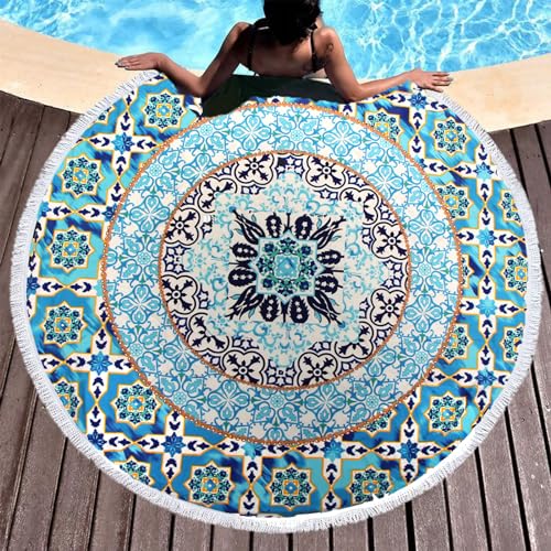Pafusen Round Mandala Beach Towel Blanket/Boho Hippie Tapestry, Roundie Yoga Meditation Mat Picnic Rug, Bohemian Table Cloth with Tassels, Terry Towel Material, 60 inch Cute Towels, Gifts for Women