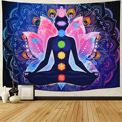 Maccyafst Seven Chakra Yoga Meditation Wall Hanging - Colorful Mandala Indian Hippie Chakra Tapestry for Studio Room (H51.2 W59.1) - size: 51.2"×59.1"