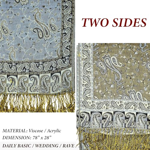 Achillea Reversible Paisley Pashmina Rave Scarf – Exotic Indian Shawls and Wraps for Evening Dresses, Festivals, All Seasons - color: Steel Blue