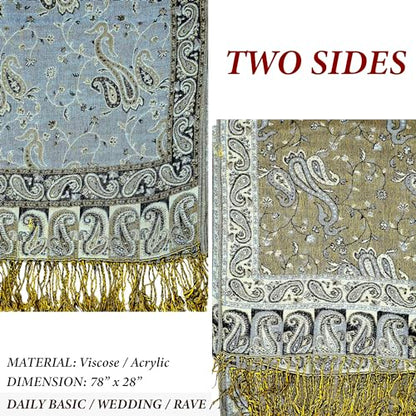 Achillea Reversible Paisley Pashmina Rave Scarf – Exotic Indian Shawls and Wraps for Evening Dresses, Festivals, All Seasons - color: Steel Blue