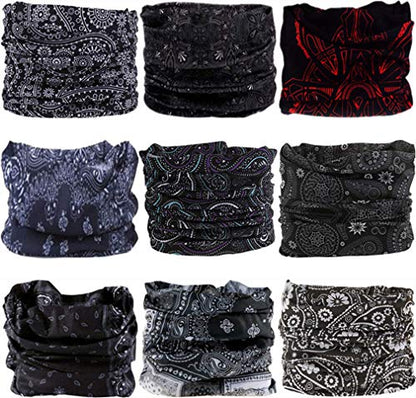 Headband Neck Gaiter Head Wrap Headwear Face Mask Magic Scarf Bandana for Men and Women - color: 9pc.black Series.1