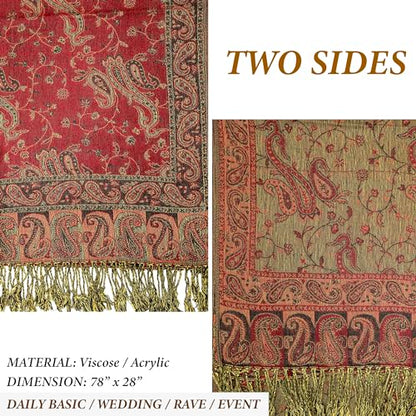Achillea Reversible Paisley Pashmina Rave Scarf – Exotic Indian Shawls and Wraps for Evening Dresses, Festivals, All Seasons - color: Burgundy
