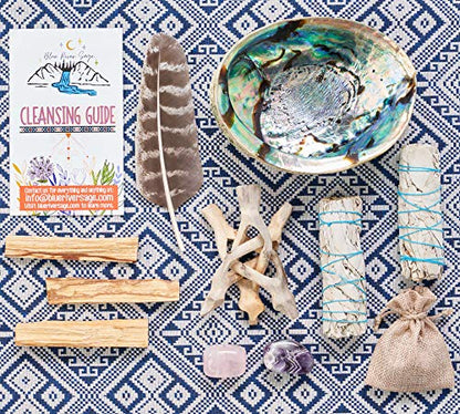 Home Cleansing & Smudging Kit with White Sage, Palo Santo, Abalone & Stand, Smudge Feather & Guide - Smudge Kit with Sage Smudge Sticks