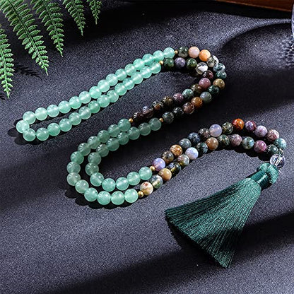 108 Mala Prayer Beads Necklace 8mm Natural Stones Meditation Yoga Jewelry Sets 108 Hand Made Japa Mala Beaded Long Tassel Necklace with Tassel Pendant for Men and Women - color: Indian agate + Green aventurine