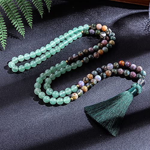 108 Mala Prayer Beads Necklace 8mm Natural Stones Meditation Yoga Jewelry Sets 108 Hand Made Japa Mala Beaded Long Tassel Necklace with Tassel Pendant for Men and Women - color: Indian agate + Green aventurine