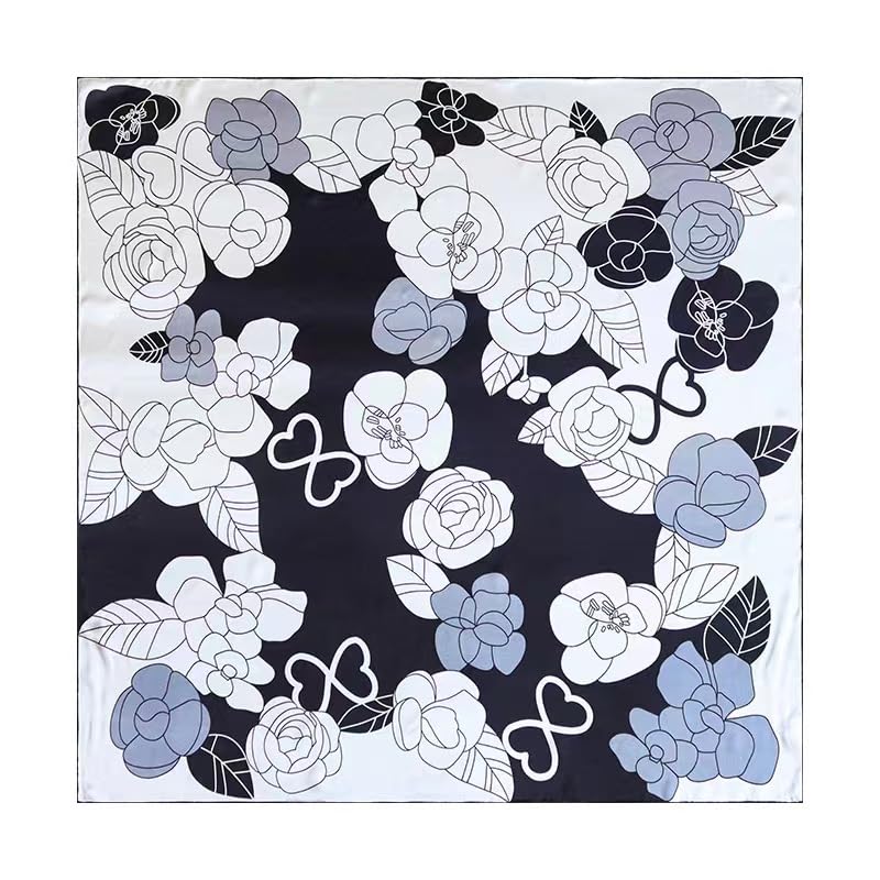ANDANTINO 100% Silk Scarf 43" Large Square Lightweight Headscarf& Shawl–Women Hair Wraps-With Gift Packed - color: Black&white-flowers