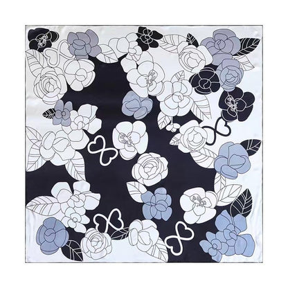 ANDANTINO 100% Silk Scarf 43" Large Square Lightweight Headscarf& Shawl–Women Hair Wraps-With Gift Packed - color: Black&white-flowers