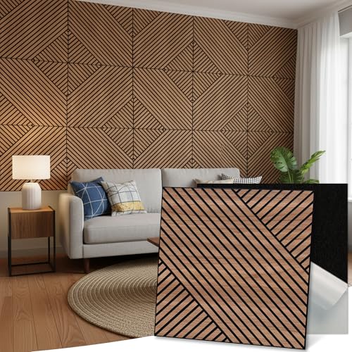 Art Acoustic Wall Panels, 23.6x23.6 Inch 8 Pack, PVC Wood Grain Veneer, Sound Absorbing Self-Adhesive Wall Decor, Staggered Melodies, Walnut, for Home & Studio - color: Staggered Melodies, Walnut, size: 8 Pack Curved