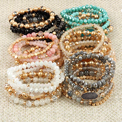 RIAH FASHION Bohemian Acrylic Druzy Multi-Layer Bead Statement Bracelet - Versatile Faux Stone Pendant Stretch Strand Stackable Cuff Bangle Set Sparkly Crystal - color: Bohemian Oval Druzy Set - Black