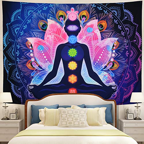 Maccyafst Seven Chakra Yoga Meditation Wall Hanging - Colorful Mandala Indian Hippie Chakra Tapestry for Studio Room (H51.2 W59.1) - size: 51.2"×59.1"