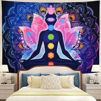 Maccyafst Seven Chakra Yoga Meditation Wall Hanging - Colorful Mandala Indian Hippie Chakra Tapestry for Studio Room (H51.2 W59.1) - size: 51.2"×59.1"