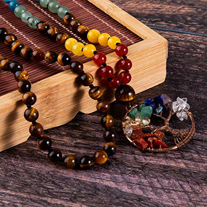 Bivei 108 Mala Beads Necklace Life Tree 7 Chakra Wrap Bracelet Real Healing Gemstone Yoga Meditation Hand Knotted Mala Prayer Bead Necklace - color: Tiger Eye Stone, size: 6mm