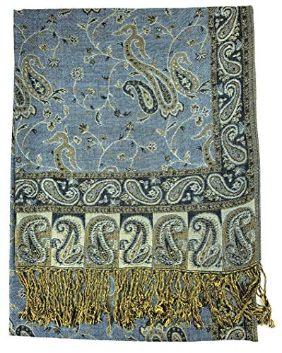 Plum Feathers Tapestry Ethnic Paisley Pattern Pashmina Shawl Scarf, Womens Pashmina Shawl Wrap with Fringes - color: Blue Floral Paisley