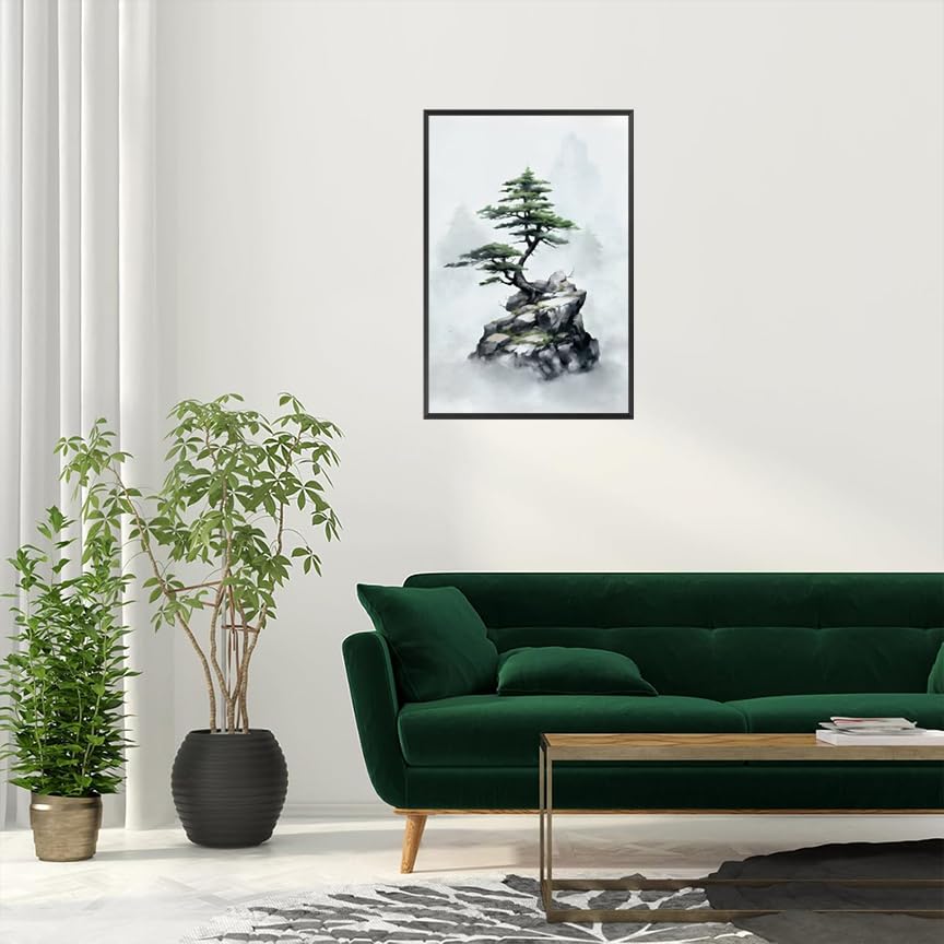 Japan Zen Canvas Wall Art Misty Pine Tree Meditation Poster Japanese Mountain Top Bonsai Peaceful Aesthetic Prints Painting For Spa Yoga Bedroom Wall Decor 12x16in Unframed