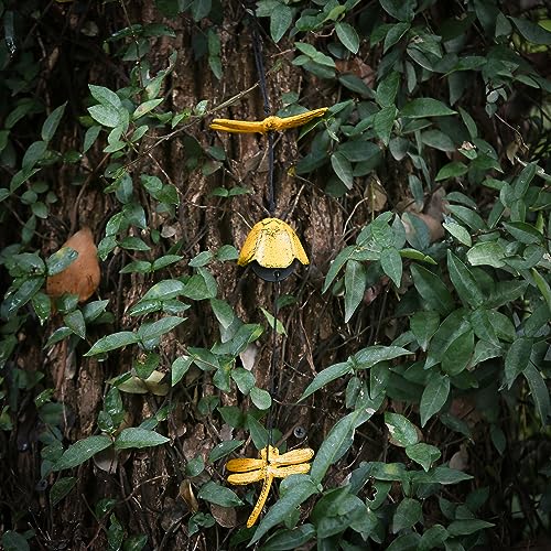 Japanese Wind Chime Cast-Iron Outdoor Ornament for Garden, Patio & Balcony, Hanging Metal Wind-Bell Decoration Gift, Blessing Pendant Windchimes, Yellow Dragonflies