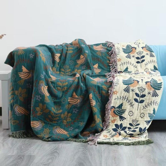 100% Muslin Cotton Throw Blanket for Couch Bed Adults Kids, Boho Floral Bird Retro Fringed Quilt Ultra Soft Reversible Gauze Blanket for All Season (Blue,90"x98") - color: Bird Blue, size: 90" x 98"