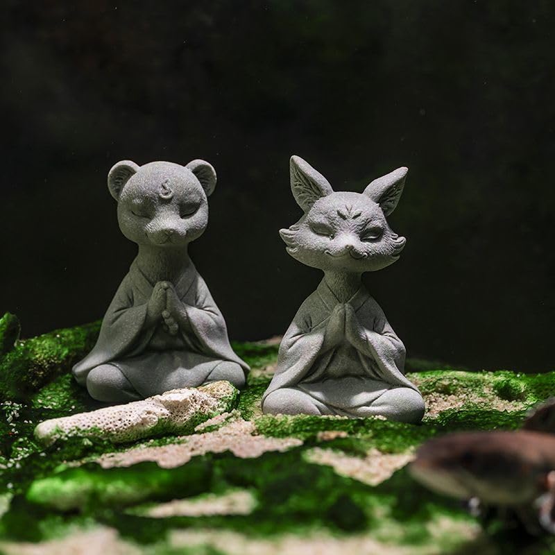 livelyfish Meditating Fox Buddha Statue Aquarium Zen Yoga Animal Figurines Sandstone Sculpture for Fish Tank Garden Tabletop Decor (S2) - size: S2