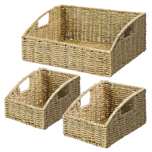 Rattan Storage Baskets, Handwoven Wicker Storage Bins with Built-in Handles, Storage Container Baskets for Shelves, Bedroom, Bathroom, Laundry Room or Kitchen(Green) - color: Green