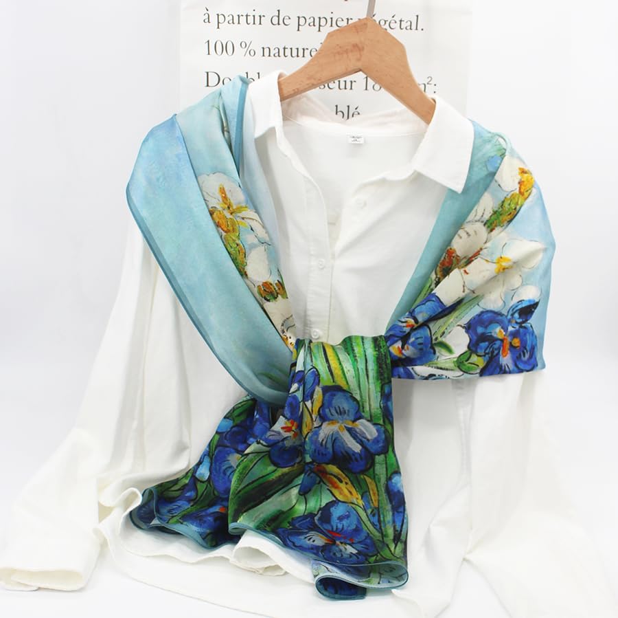 100% Mulberry Silk Long Scarf for Women Large Shawls for Headscarf and Neck- Oblong Hair Wraps with Gift Packed - color: Oil Painting-irises