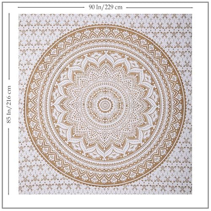 THE ART BOX Glittering Gold Tapestry Wall Hanging Mandala- Indian Cotton Throw Hippie Tapestries - Boho Bedding White Golden Queen Bedspread 85x90 inches-Meditation Yoga Rugs Mats - color: Gold and White, size: 85"L x 90"W