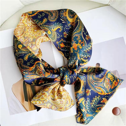 ANDANTINO 100% Silk Scarf for Women 59”*6.3” Long Shawls for Headscarf and Neck- Oblong Hair Wraps with Gift Packed - color: Gold&navy Paisley