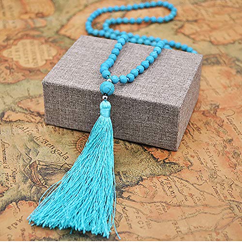 JAYUMO 8mm Mala Beads Necklace Natural Stone Meditation Statement Necklace Hand Knotted Japa Yoga Rosary Prayer Beaded Tassel Necklace - color: turquoise