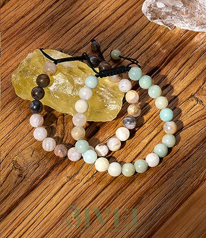 Bivei Natural Gemstone Semi Precious Crystals Handmade Stretchy Round Beads Bracelet, Enhance Positive Energy(Adjustable Bamboo Leaf Agate & Amazonite(Good Luck) Adjustable(6.9-8.5'))
