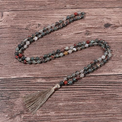 8MM Beads Chakra Long Mala Necklace Natural Stone Meditation Statement Necklace Japa Yoga Buddhist Rosary Prayer Charm Beaded Tassel Necklace - color: Bloodstone