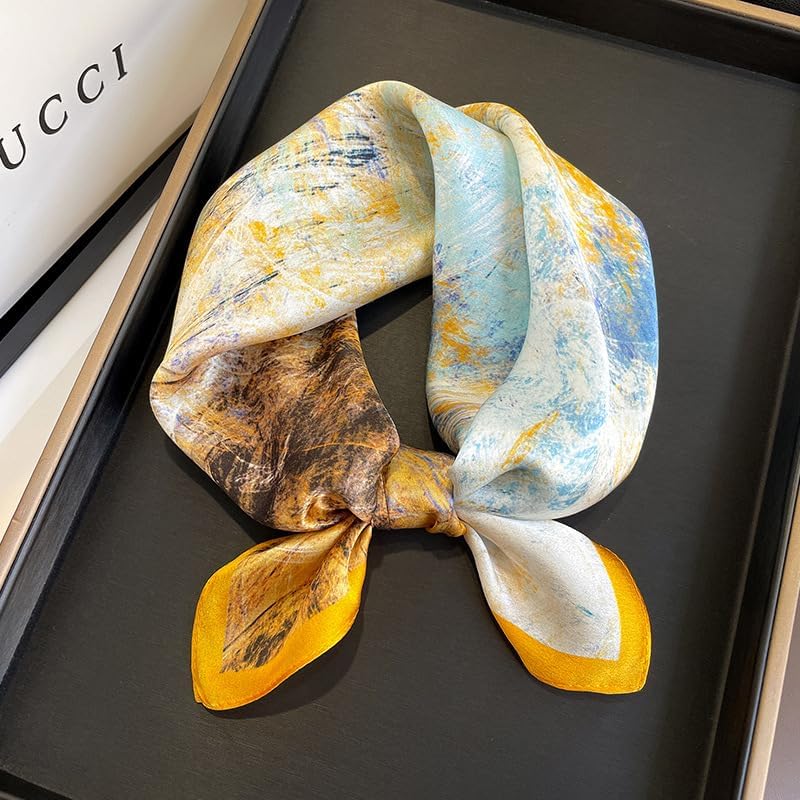 100% Mulberry Silk Neck Scarf - 21'' x 21'' Lightweight Neckerchief - Women Men Small Square Digital Printed Scarves - color: Yellow Graffiti