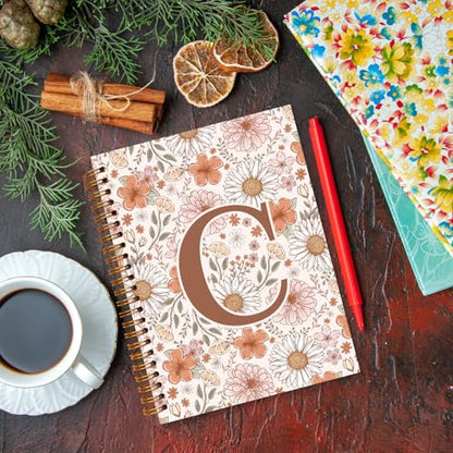 Initial Letter C Floral Notebook Journal, Personalized Monogrammed Gifts Journaling Notebooks for Women Teen Girls, Notebooks for Work, Boho Flowers Daisy Spiral Notebook, 5.5x8.3