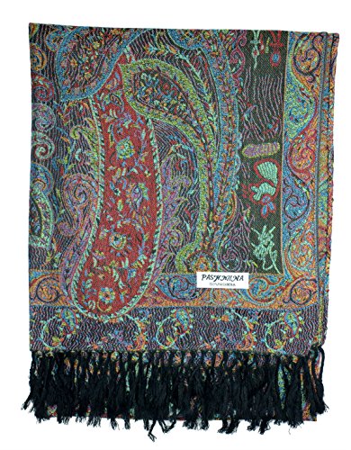 Plum Feathers Tapestry Ethnic Paisley Pattern Pashmina Shawl Scarf, Womens Pashmina Shawl Wrap with Fringes - color: Black Multi Tapestry