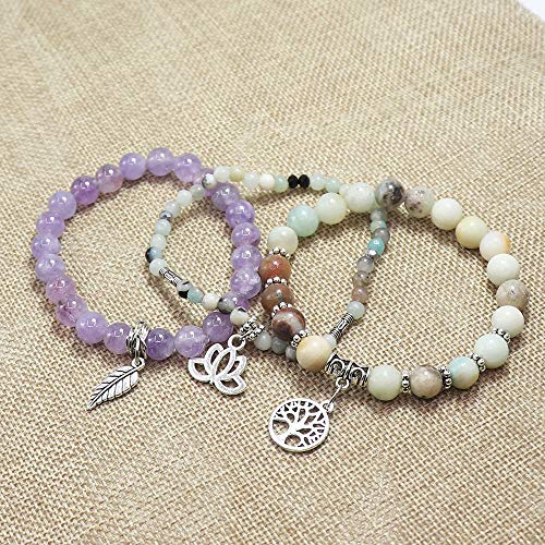 Tree of Life Yoga Healing Stone Bracelets,Multilayer Lotus Chakra Stone Reiki Bracelet Sets,Anxiety Crystal Natural Stone,for Women Stress Relief - style: Amazon stone + Amethyst