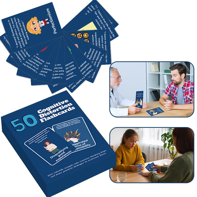 Cognitive Distortion Flashcards, 50 Cards for Mental Health and Thought Pattern Recognition, Blue