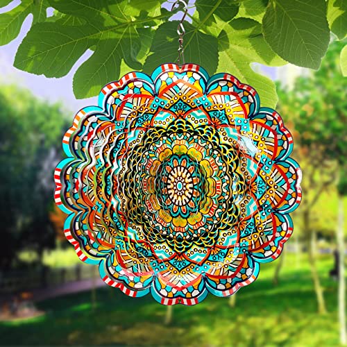 Mandala Wind Spinner - Lucky Star Design | 12-Inch Laser Cut Stainless Steel, Kinetic Hanging Wind Sculpture for Garden, Porch, Patio, Home | Outdoor 3D Metal Windcatcher & Yard Art - color: Mandala Lucky Star