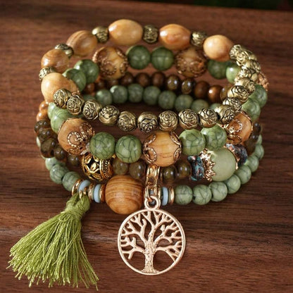 Bohemian Layered Wood Bead Bracelet Set, Elastic Stackable Bracelets with Tree of Life Charm & Tassel - color: Green