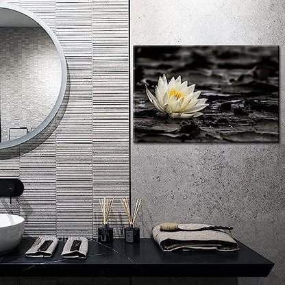 GLOKAKA Spa Zen Wall Art White Lotus Flower in the Storm Canvas Picture,Black and White Meditation Decor Artwork,Zen Spiritual Wall Decor Artwork for Office,Bathroom,Yoga Studio