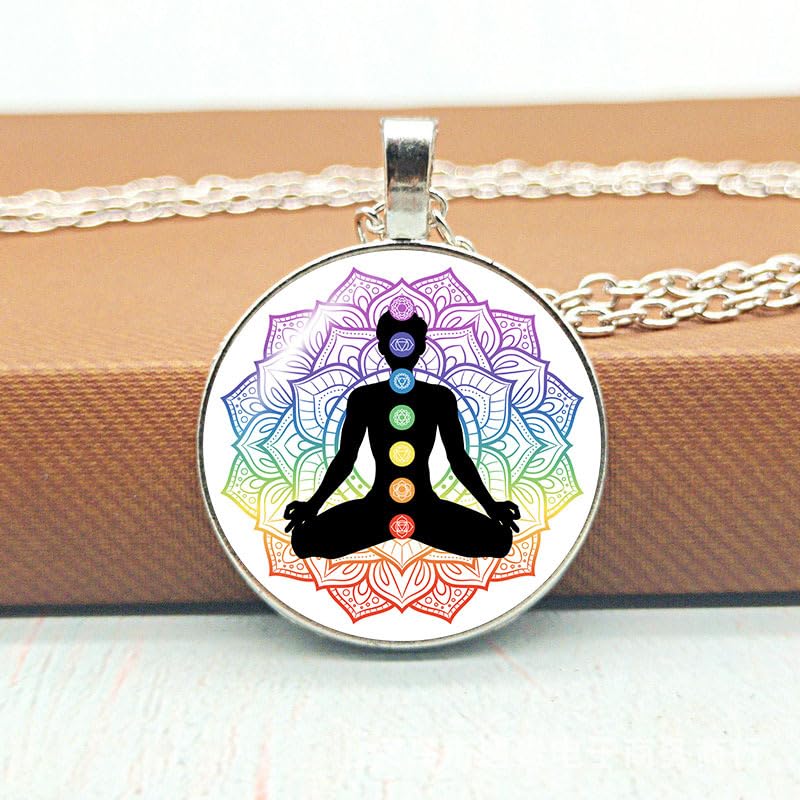 7pcs Yoga Necklace Set, Meditation Motif Necklace, Alloy Meditation Pendant, Seven Chakra Pendant