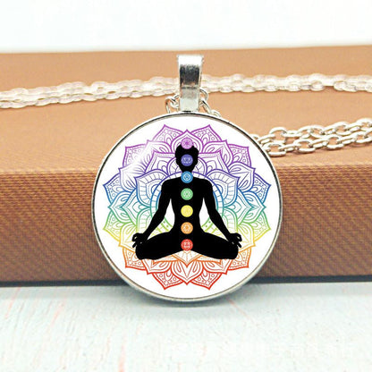 7pcs Yoga Necklace Set, Meditation Motif Necklace, Alloy Meditation Pendant, Seven Chakra Pendant