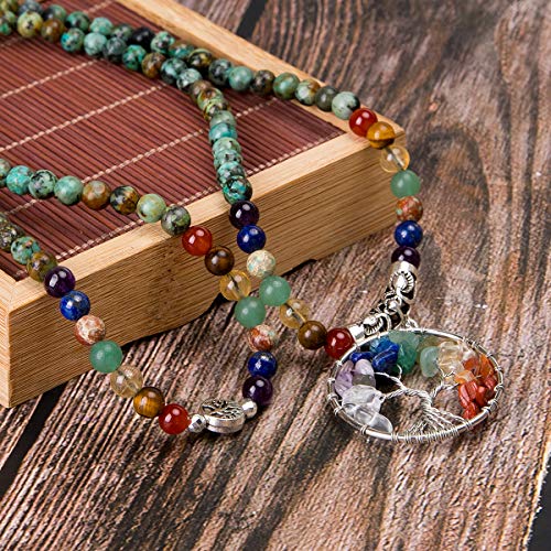 Bivei 108 Mala Beads Bracelet - 7 Chakra Tree of Life Real Healing Gemstone Yoga Meditation Mala Prayer Bead Necklace