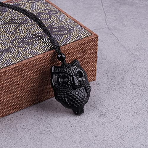 Black Obsidian Necklace Natural Crystal Amulet Protection Pendant with Adjustable Rope Lucky Talisman Necklaces Jewelry Gift for Men Women - color: Owl A