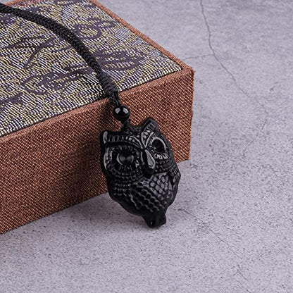 Black Obsidian Necklace Natural Crystal Amulet Protection Pendant with Adjustable Rope Lucky Talisman Necklaces Jewelry Gift for Men Women - color: Owl A