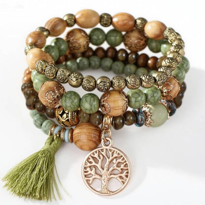 Bohemian Layered Wood Bead Bracelet Set, Elastic Stackable Bracelets with Tree of Life Charm & Tassel - color: Green