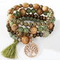 Bohemian Layered Wood Bead Bracelet Set, Elastic Stackable Bracelets with Tree of Life Charm & Tassel - color: Green