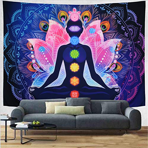 Maccyafst Seven Chakra Yoga Meditation Wall Hanging - Colorful Mandala Indian Hippie Chakra Tapestry for Studio Room (H51.2 W59.1) - size: 51.2"×59.1"