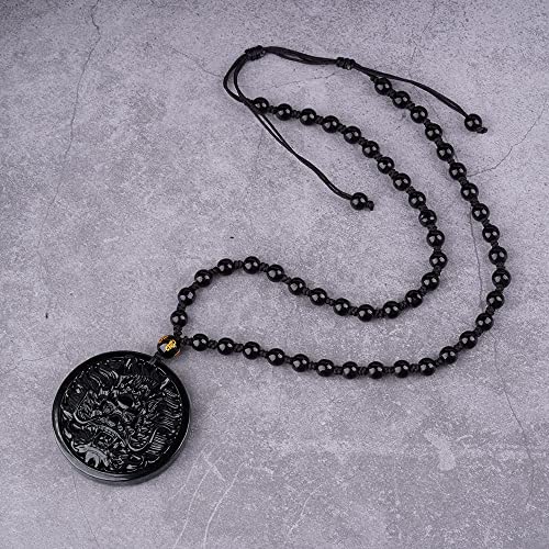 Black Obsidian Necklace Natural Crystal Amulet Protection Pendant with Adjustable Rope Lucky Talisman Necklaces Jewelry Gift for Men Women - color: Dragon B